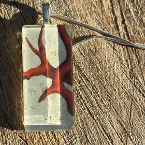 - Handmade glass cabochon necklace with vintage red coral art decopauge pa…